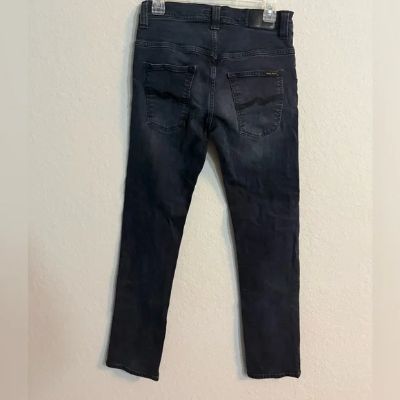 Nudie Jeans Men's Thin Finn Organic Black and Grey Dark Denim Skinny Jeans